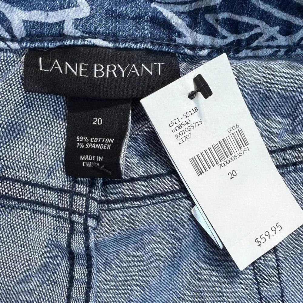 Lane Bryant Jean Shorts 20 Blue Floral Palm Leaf Cuffed Stretch Denim Womens New